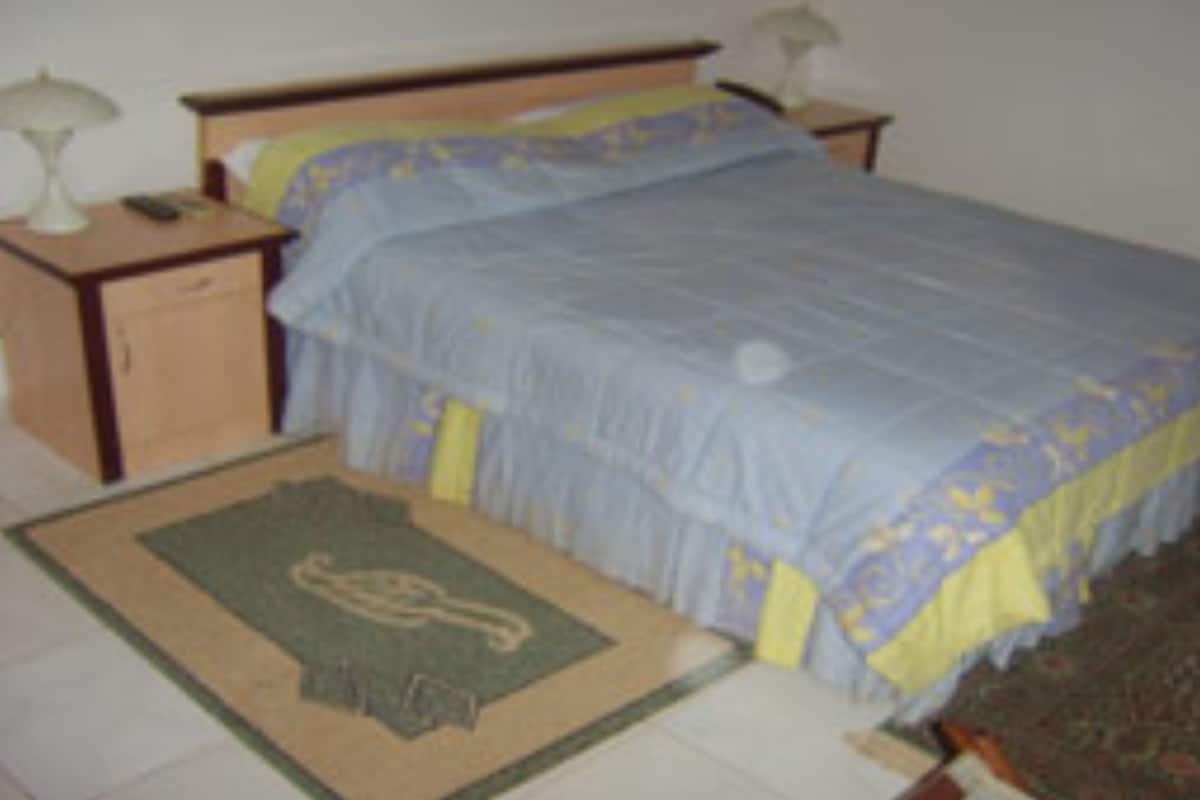 A bedroom with a bed, a nightstand, a lamp, and a rug.