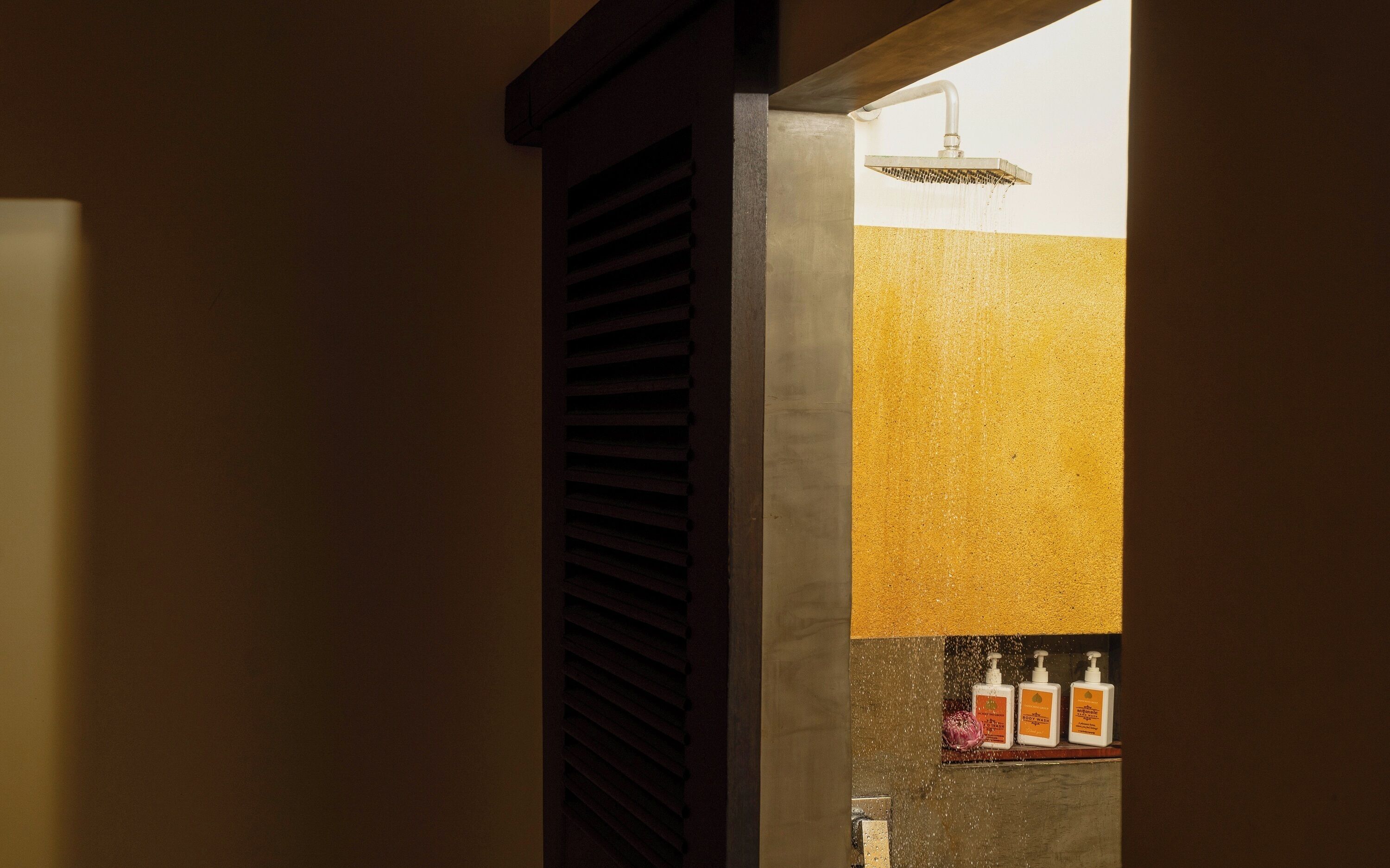 A shower area with a visible water stream, a wooden slatted door, and a shelf with bottles.