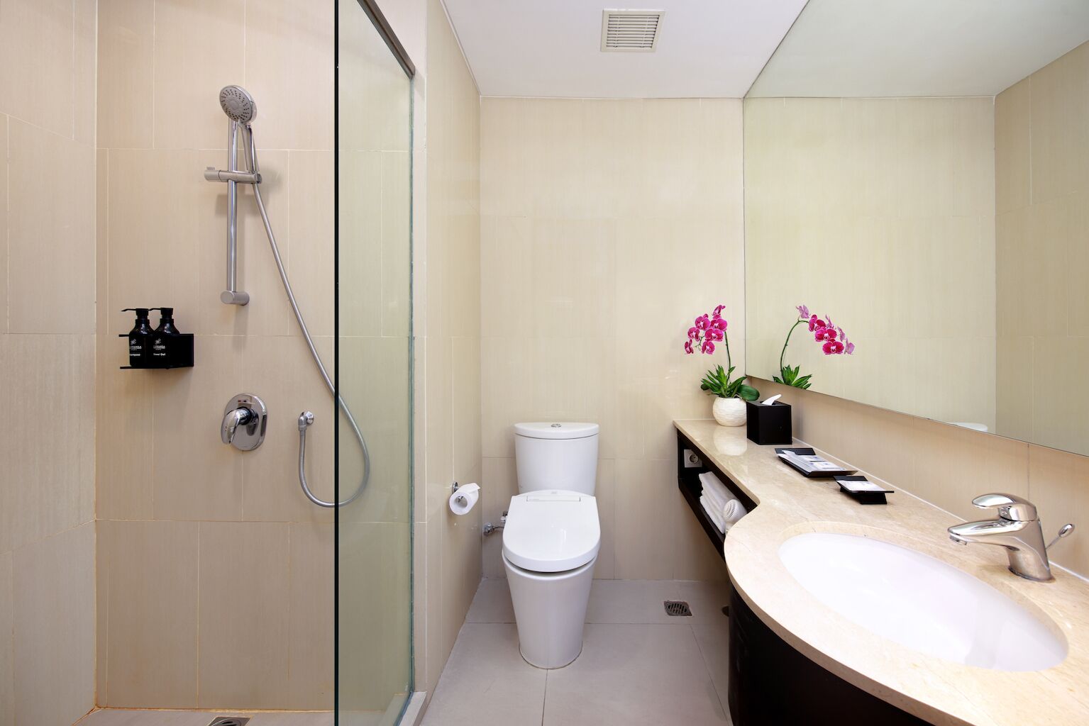 A modern bathroom with a glass-enclosed shower, a toilet, and a sink with a mirror.