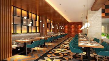 Un restaurant moderne doté d’une grande salle à manger, de touches de bois et d’un sol à motifs.