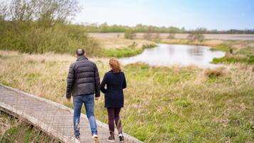 Una pareja caminando sobre una pasarela de madera junto a un río.