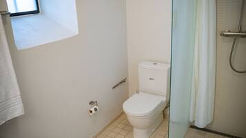 A small, clean bathroom with a toilet, a shower, and a window.