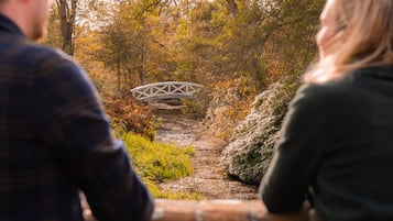 Ein Paar steht auf einer Holzbrücke in einem bewaldeten Gebiet.