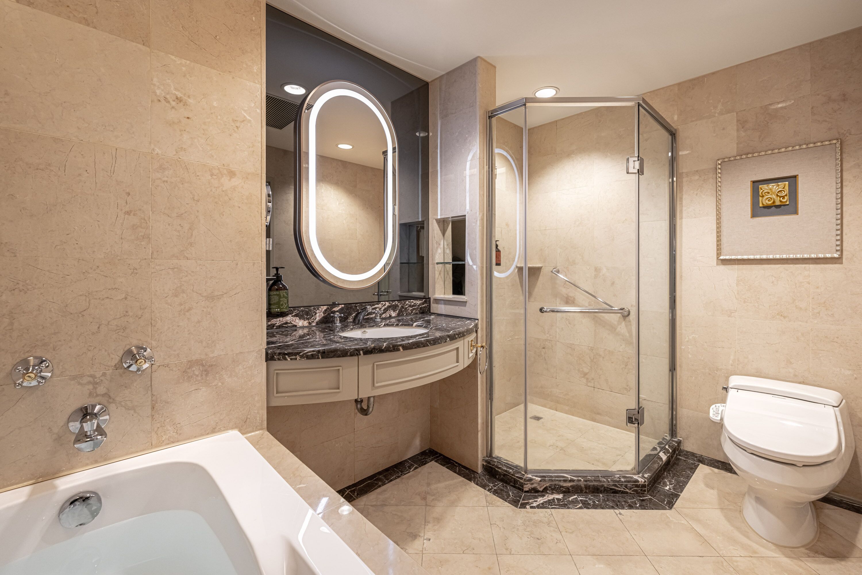 separate bathtub and shower, deep-soaking bathtub, rainfall showerhead