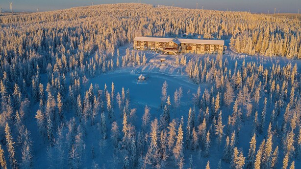 Suuri mökki, jonka ympärillä on tiheä, lumipeitteisten puiden muodostama metsä.
