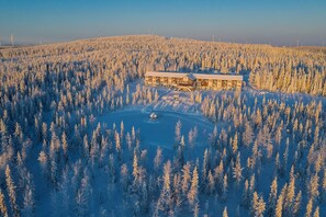 Een groot vakantiehuis omgeven door een dicht bos met sneeuwbedekte bomen.