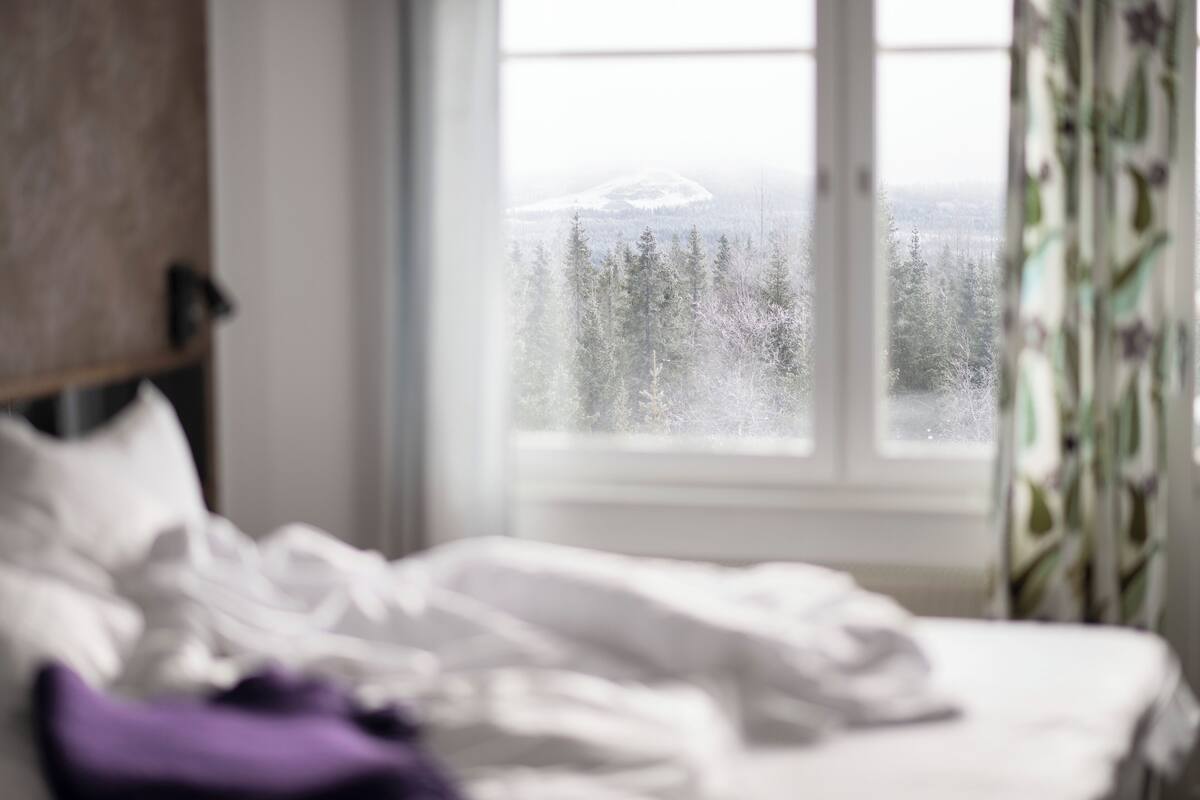 Une chambre à coucher avec un lit, une fenêtre et une vue sur une forêt et des montagnes.