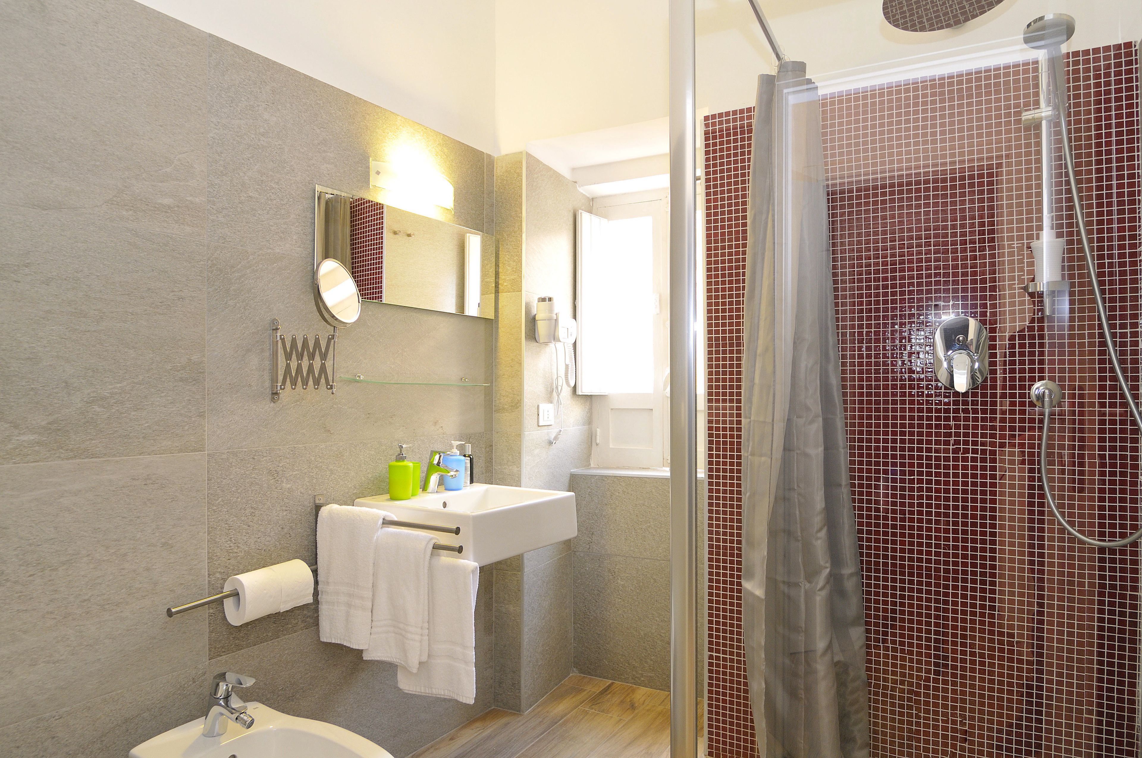 A modern bathroom with a shower, a sink, and a mirror.
