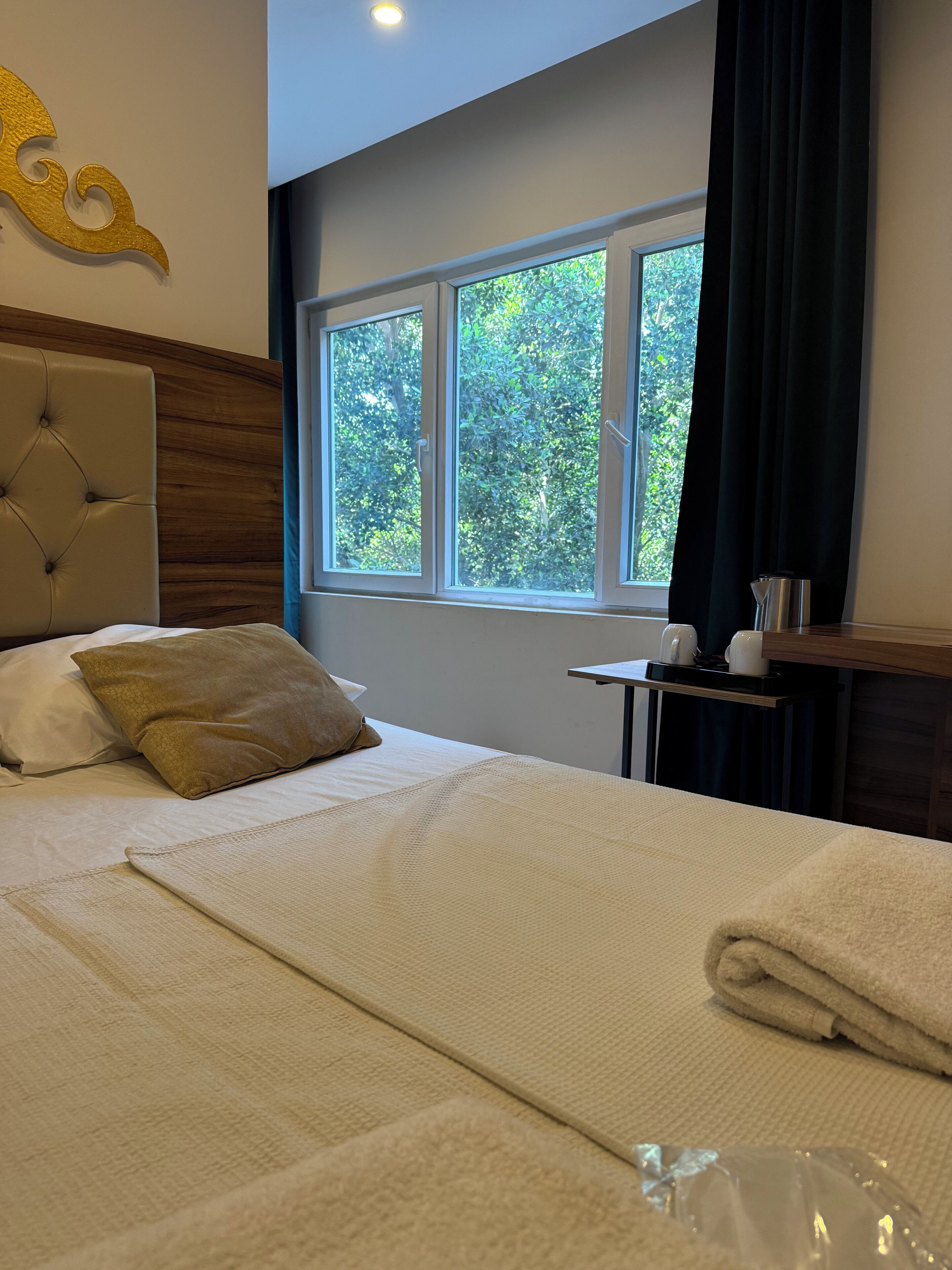 Habitación de hotel con una cama grande, cabecera de madera, ventana con vistas a árboles y una mesita con una tetera y tazas.
