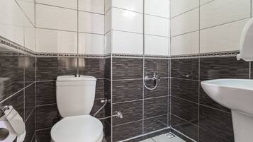 A modern bathroom with a toilet, shower, and sink.