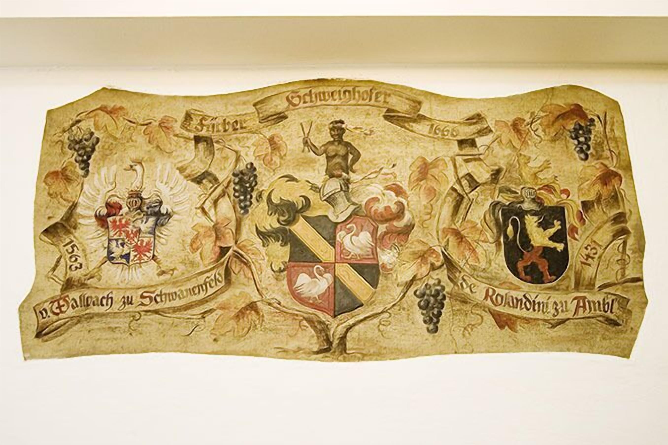 A historical tapestry with heraldic symbols and dates, likely representing a family's lineage or estate history.