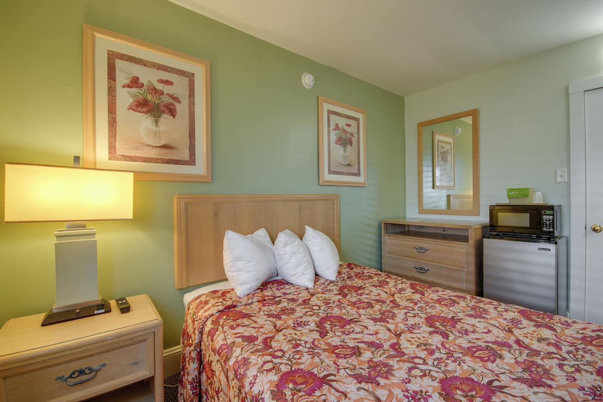 Habitación de hotel con una cama, una mesita de noche, una lámpara, microondas, refrigerador y dos cuadros enmarcados con motivos florales en la pared.