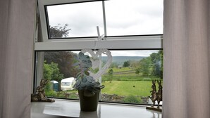 A window with a view of a green landscape, a white heart-shaped decoration, and a potted plant. - Sweetbriar Cottage B&B and Camping (Skipton)