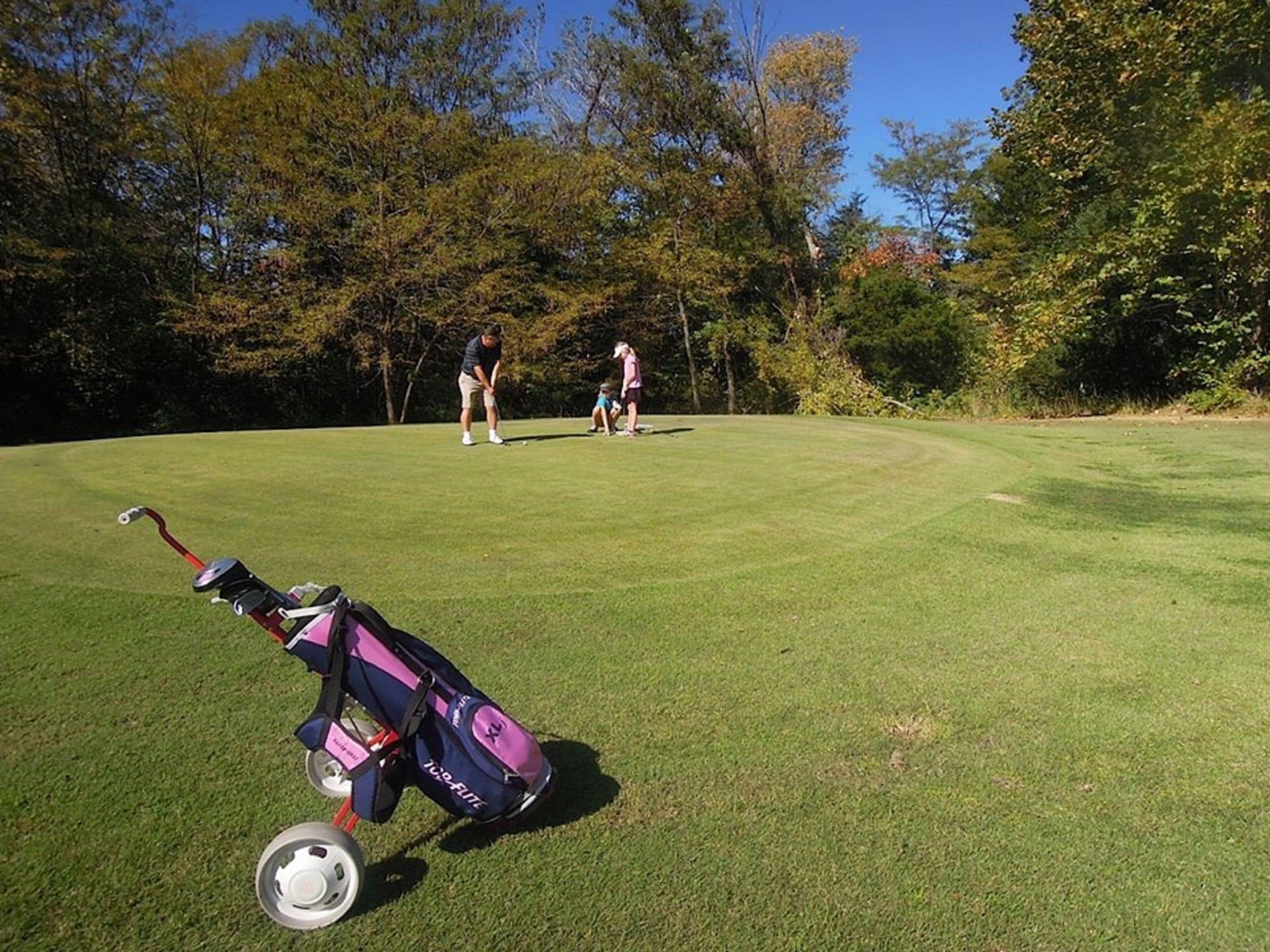 A golf course with a golf bag and a cart on the grass.