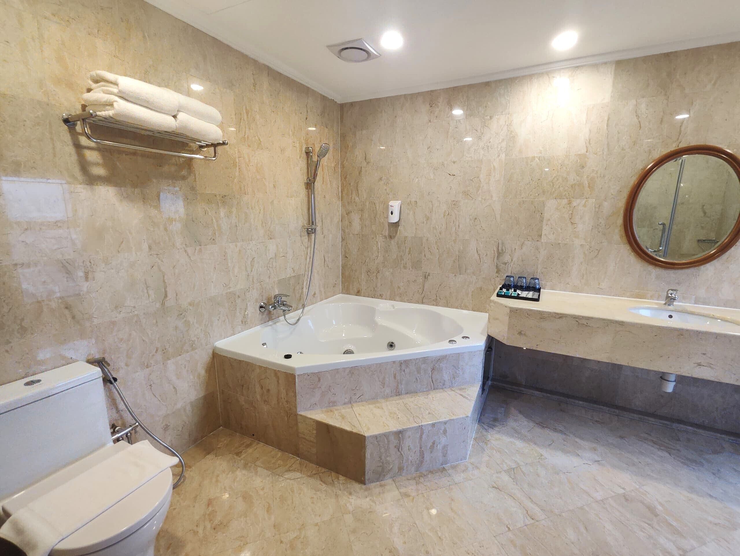A modern bathroom with a freestanding bathtub, a toilet, a sink with a mirror, and a towel rack.