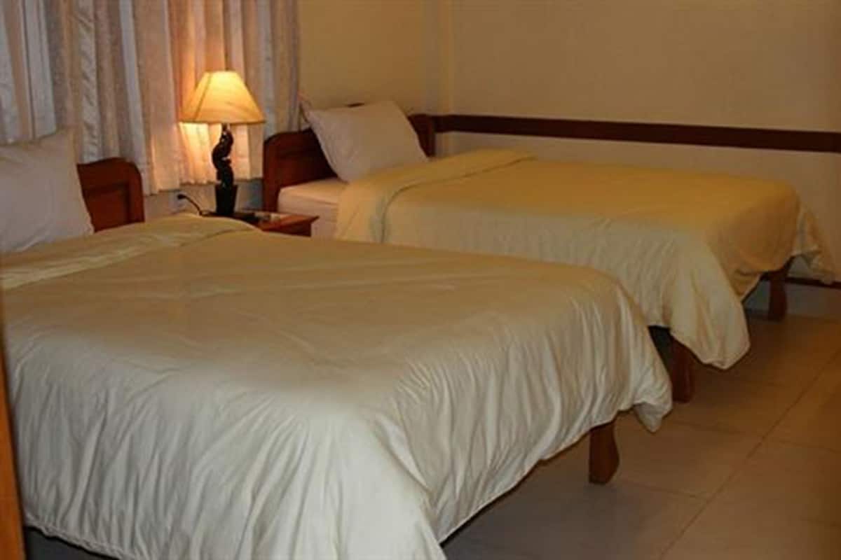 Una habitación de hotel con dos camas individuales, una mesita de noche con lámpara y una ventana con cortinas.