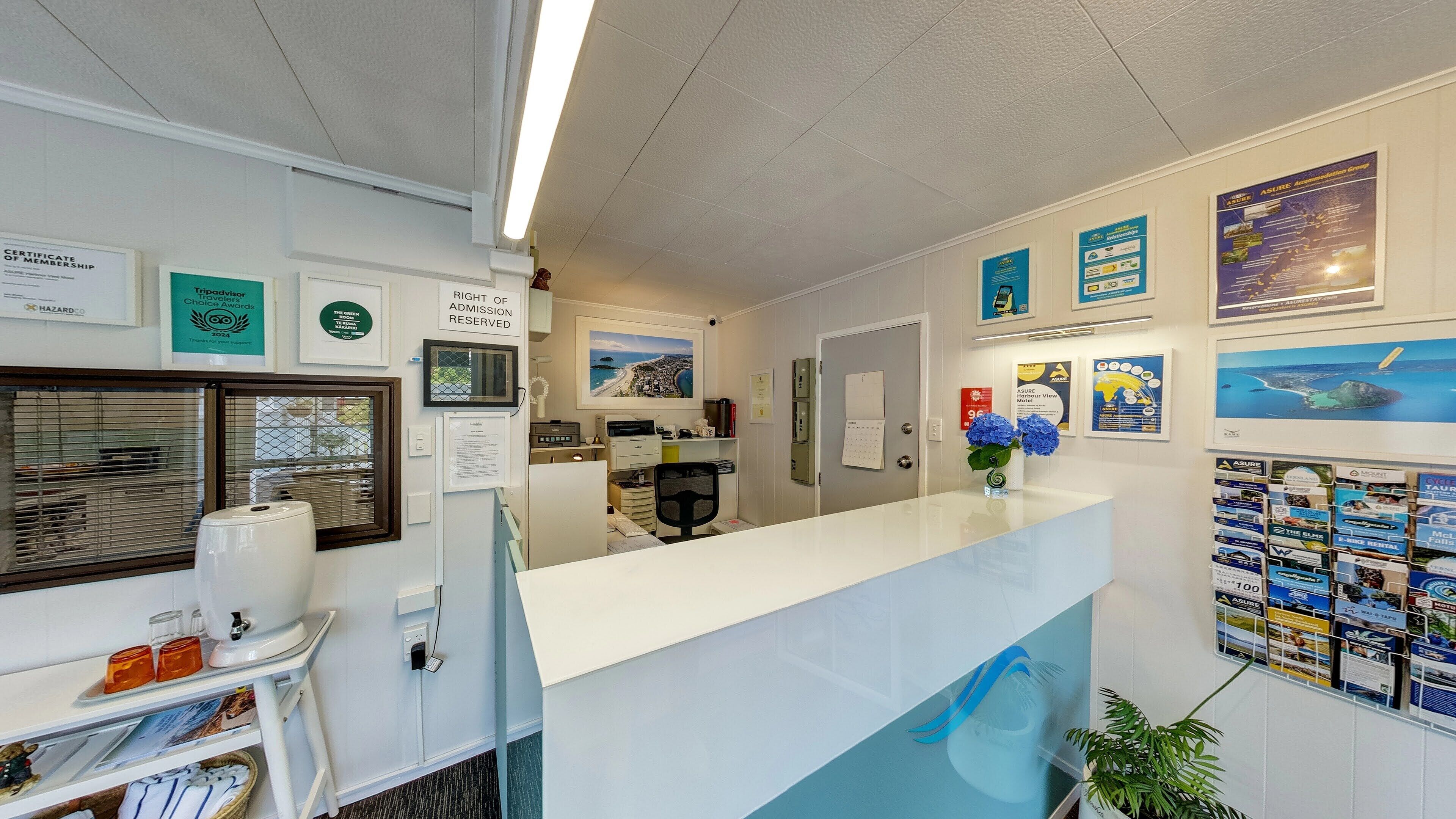 A reception area with a counter, framed certificates, a window with blinds, a plant, and informational posters.