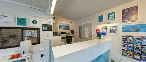 A reception area with a counter, framed certificates, a window with blinds, a plant, and informational posters.