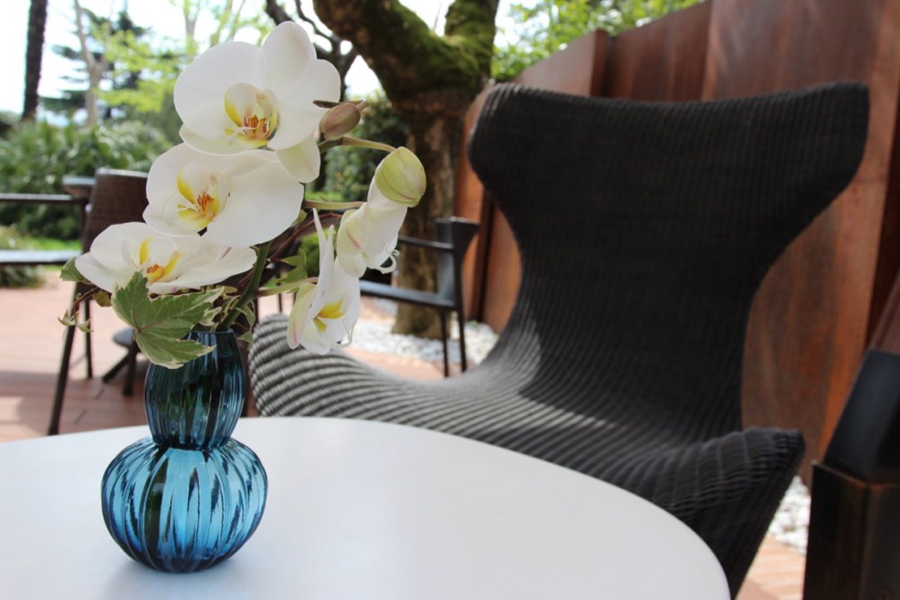 Un vase bleu orné d’orchidées blanches, posé sur une table blanche.