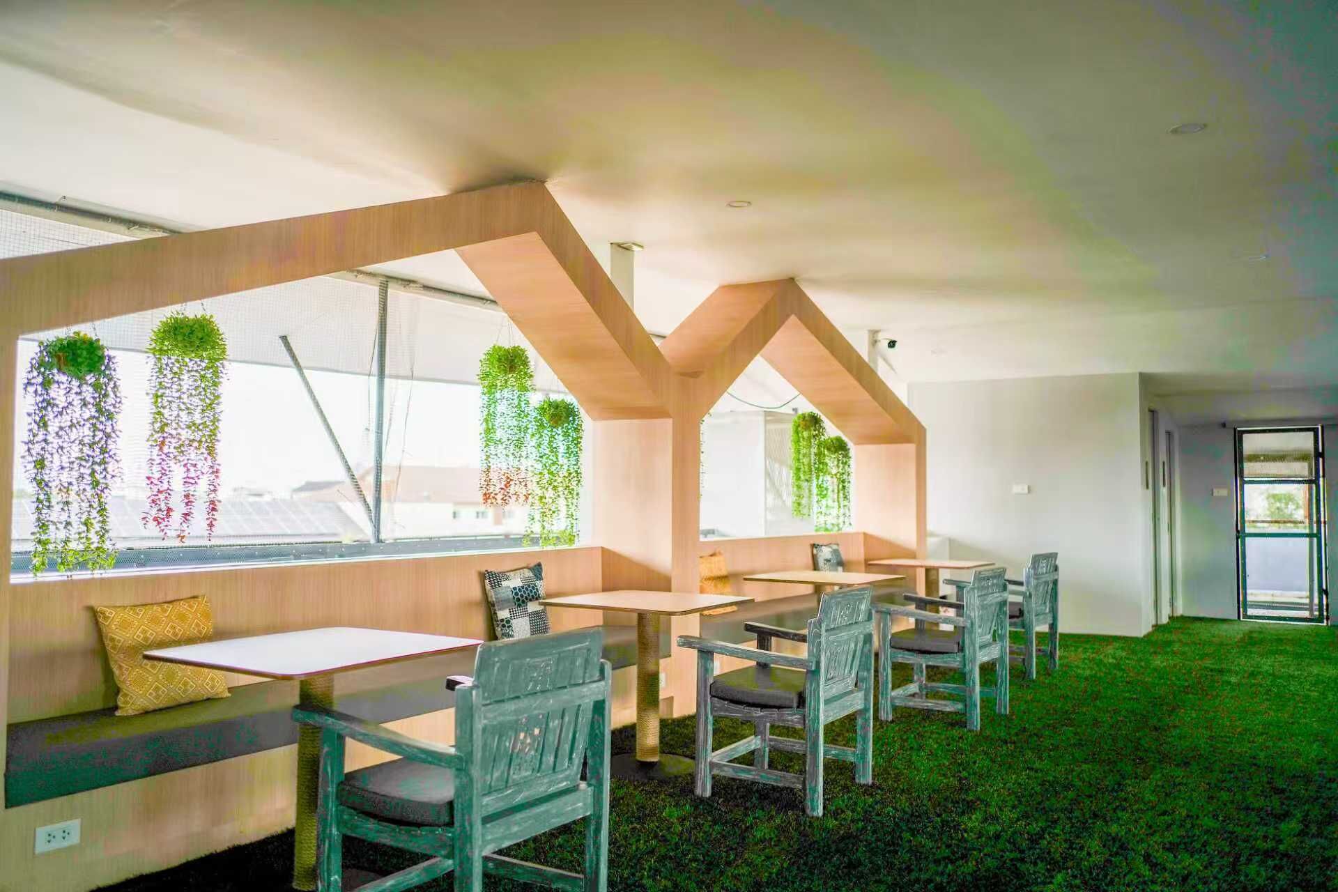 Un interior moderno con una larga mesa y sillas, ventanas amplias con plantas colgantes y una alfombra verde.