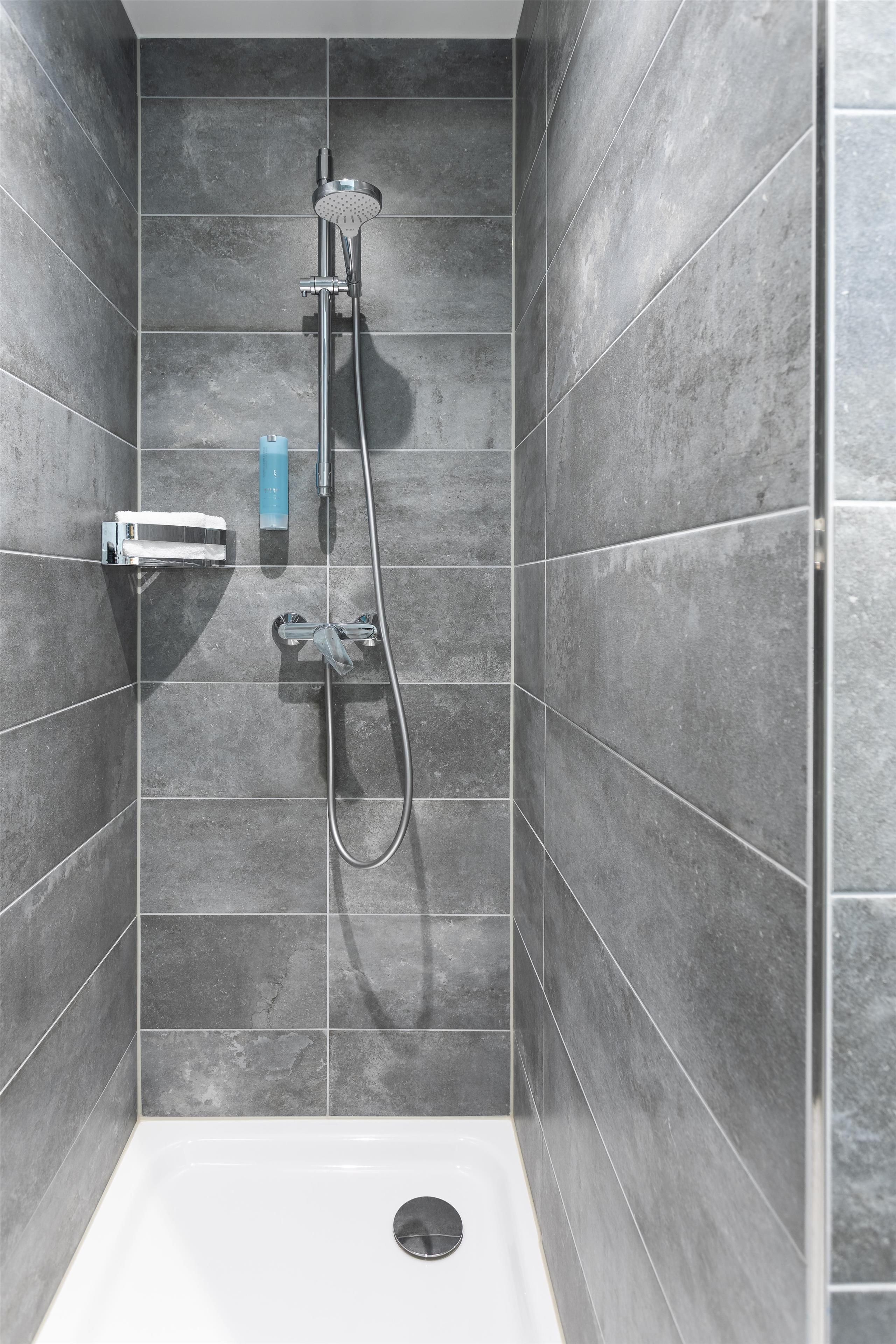 Une douche équipée d’un pommeau de douche à main, d’un flexible de douche et d’un robinet mural.