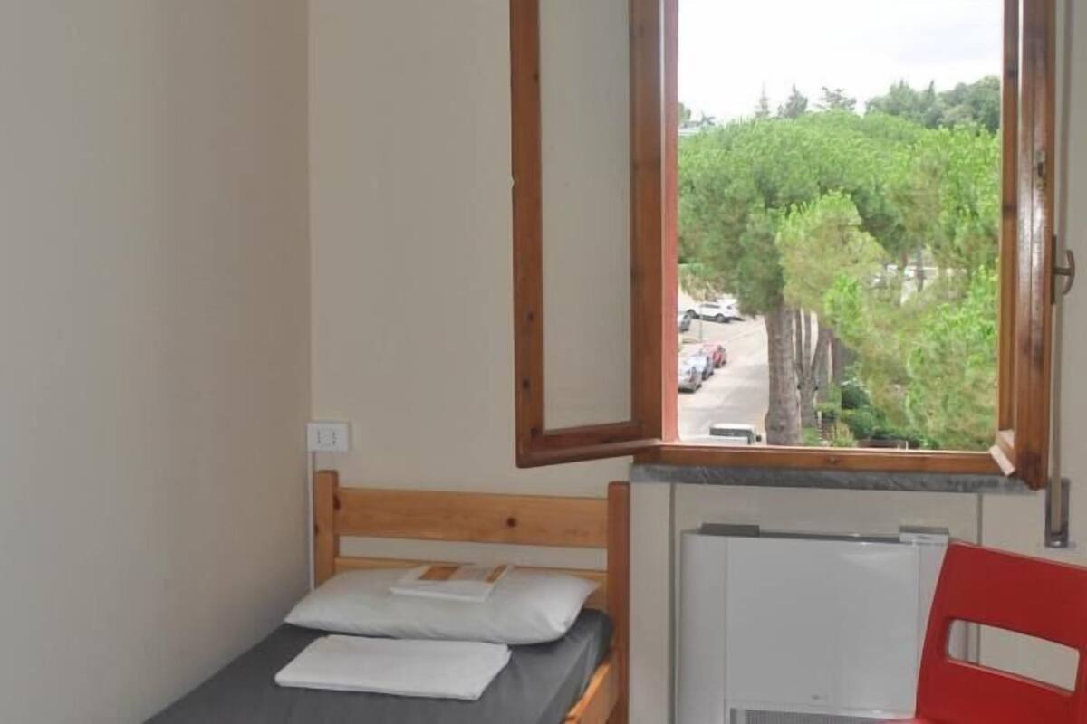 A bedroom with a single bed, a window with a view of a street and trees, a radiator, and a small picture on the wall.