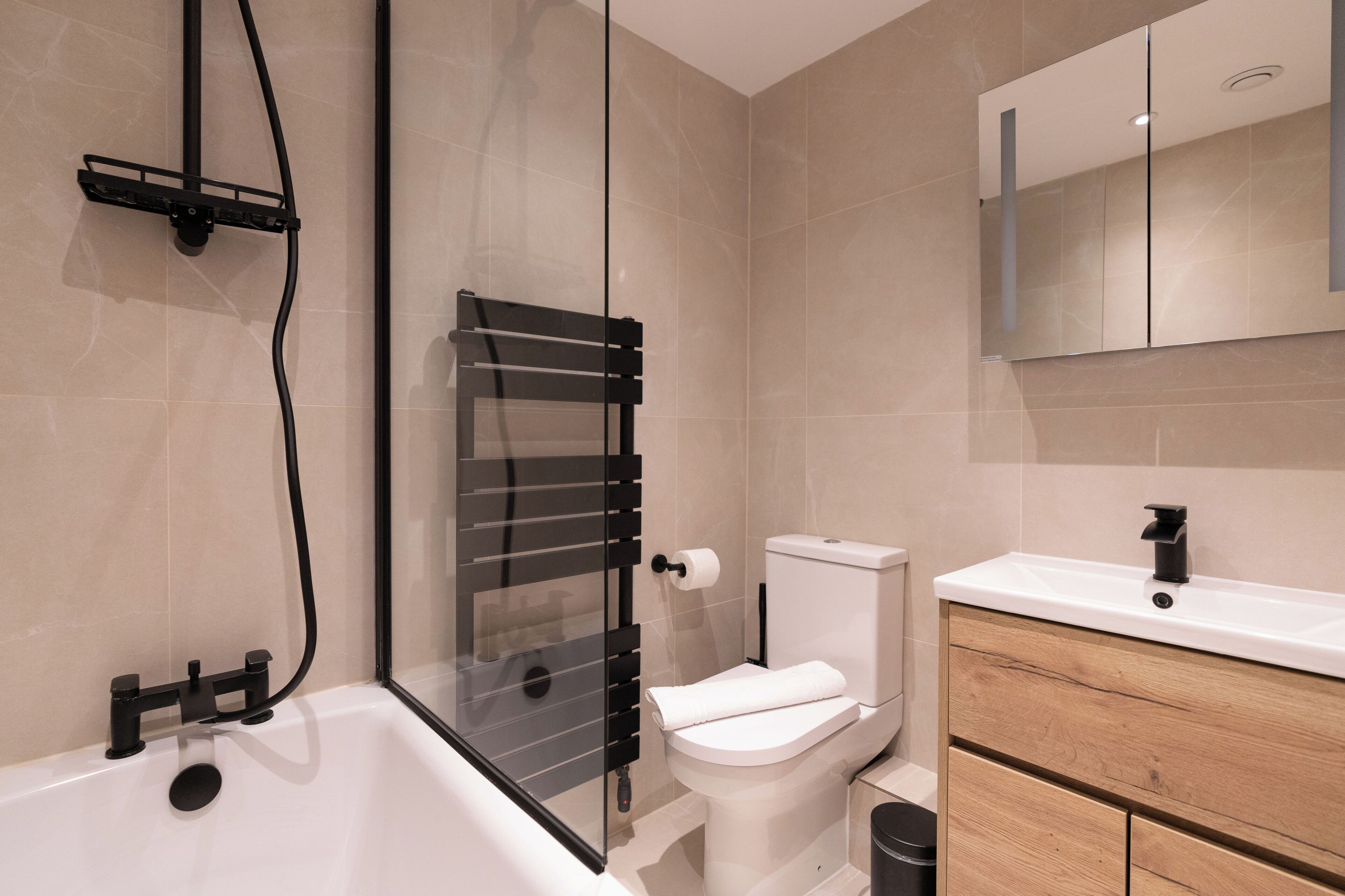 A modern bathroom with a glass-enclosed shower, a white toilet, and a wooden vanity with a mirror.