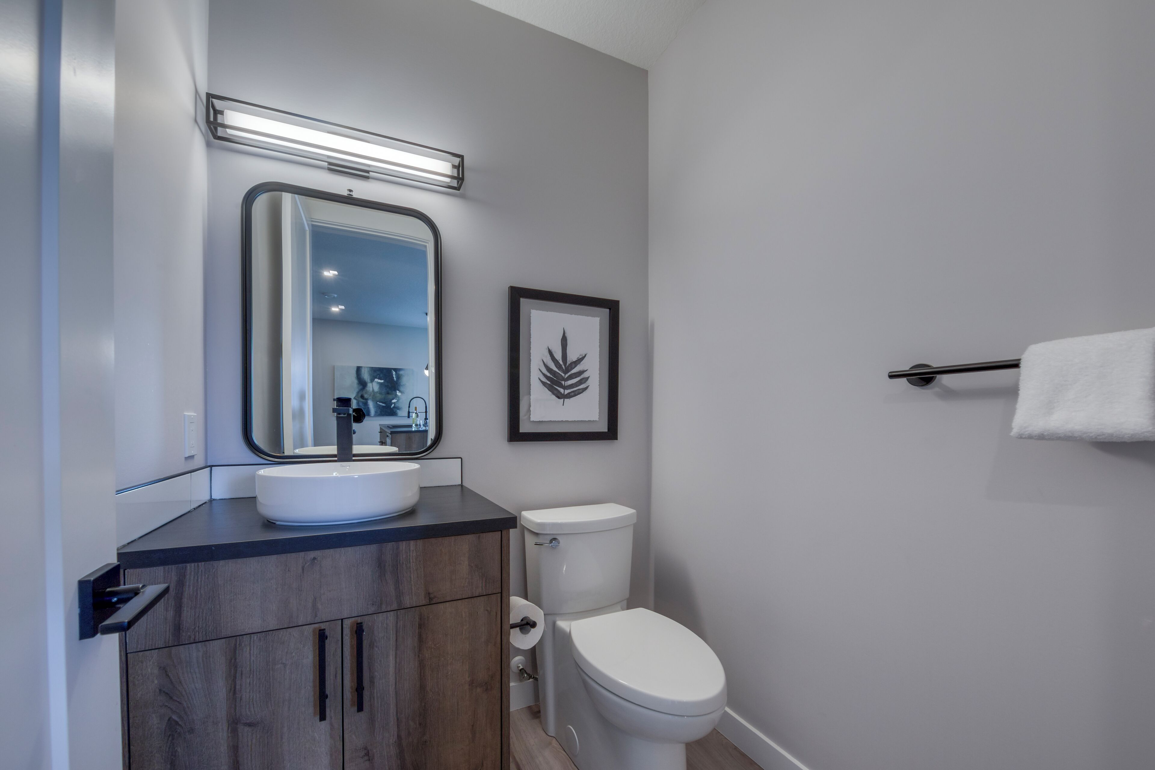 A modern bathroom with a white sink, dark wooden vanity, a framed leaf artwork, and a white toilet.