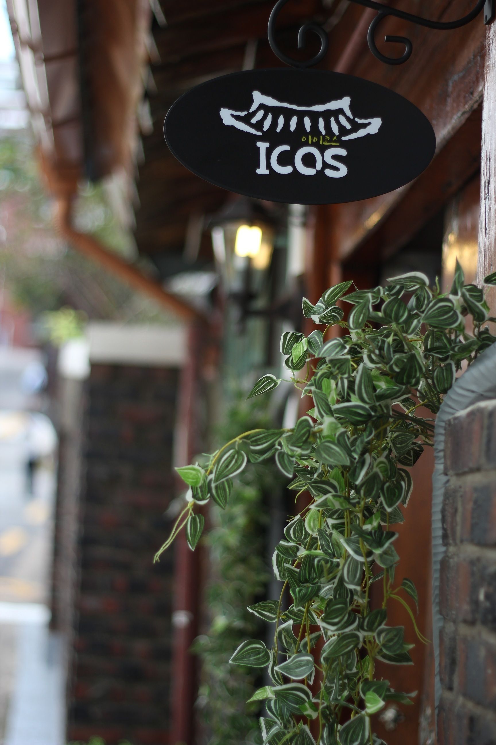 Un letrero colgante con la palabra 'ICOS' y una imagen estilizada de pestañas.