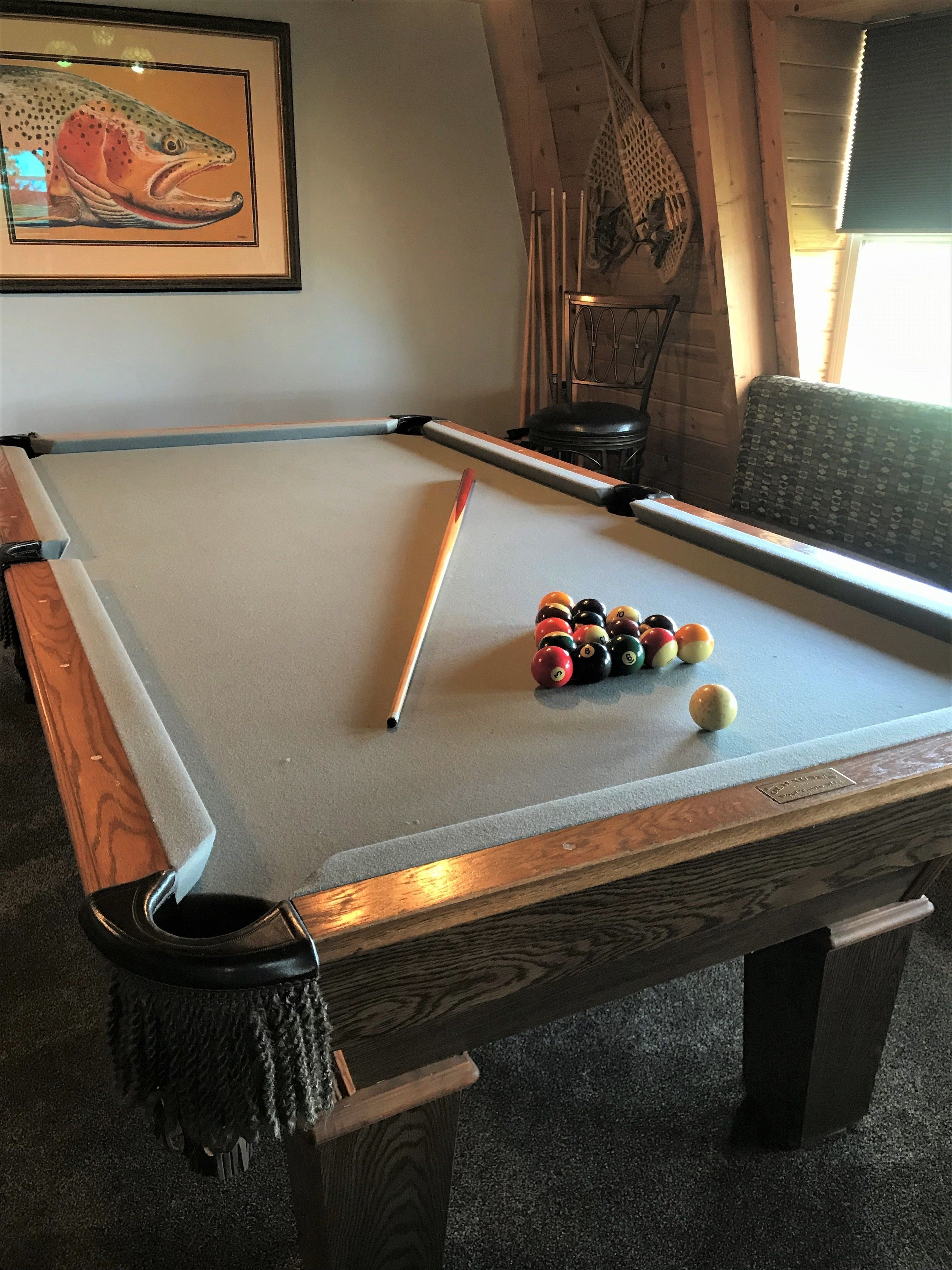 A pool table with a cue stick and billiard balls, a framed fish painting, and a wooden chair.