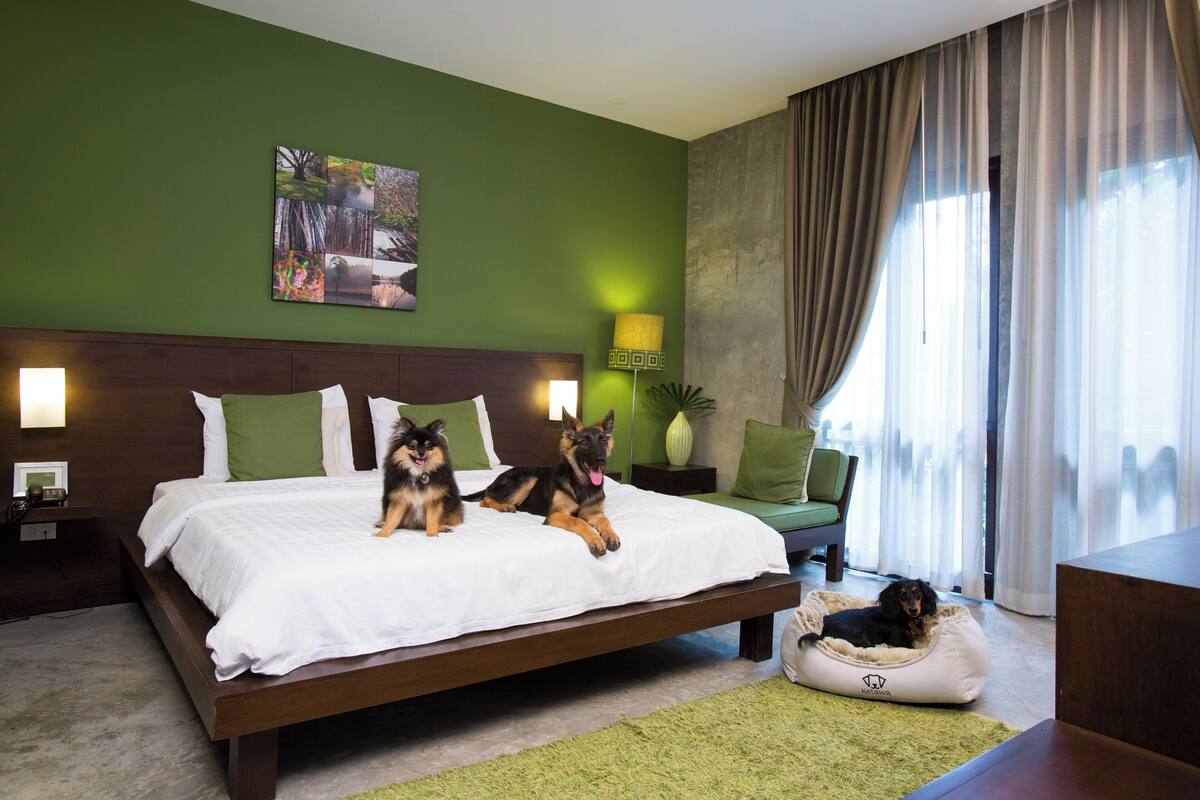 A hotel room with a large bed, two dogs on the bed, a dog bed, a green rug, a nightstand with a lamp, and a painting on the wall.