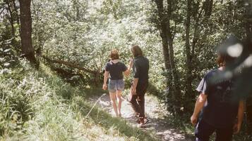 Un sentier bordé d’arbres, où l’on voit des gens se promener.
