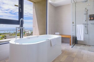 Premier King Room with Ocean View | Bathroom | Separate tub and shower, deep soaking tub, rainfall showerhead