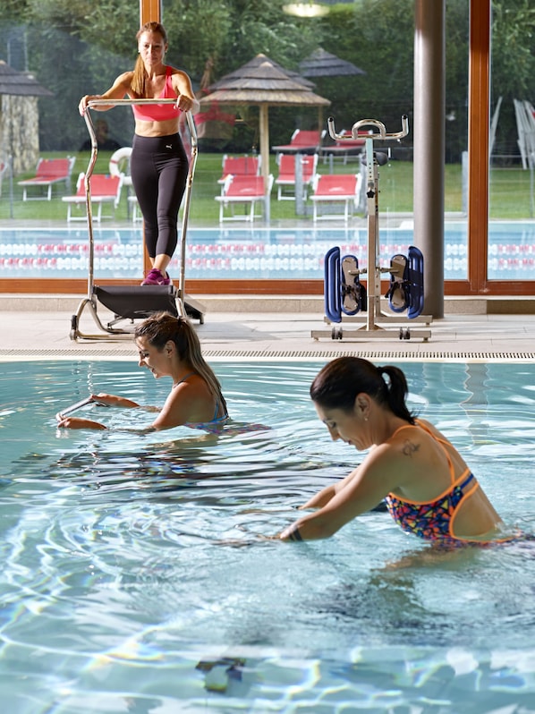 Indoor pool, outdoor pool, pool loungers