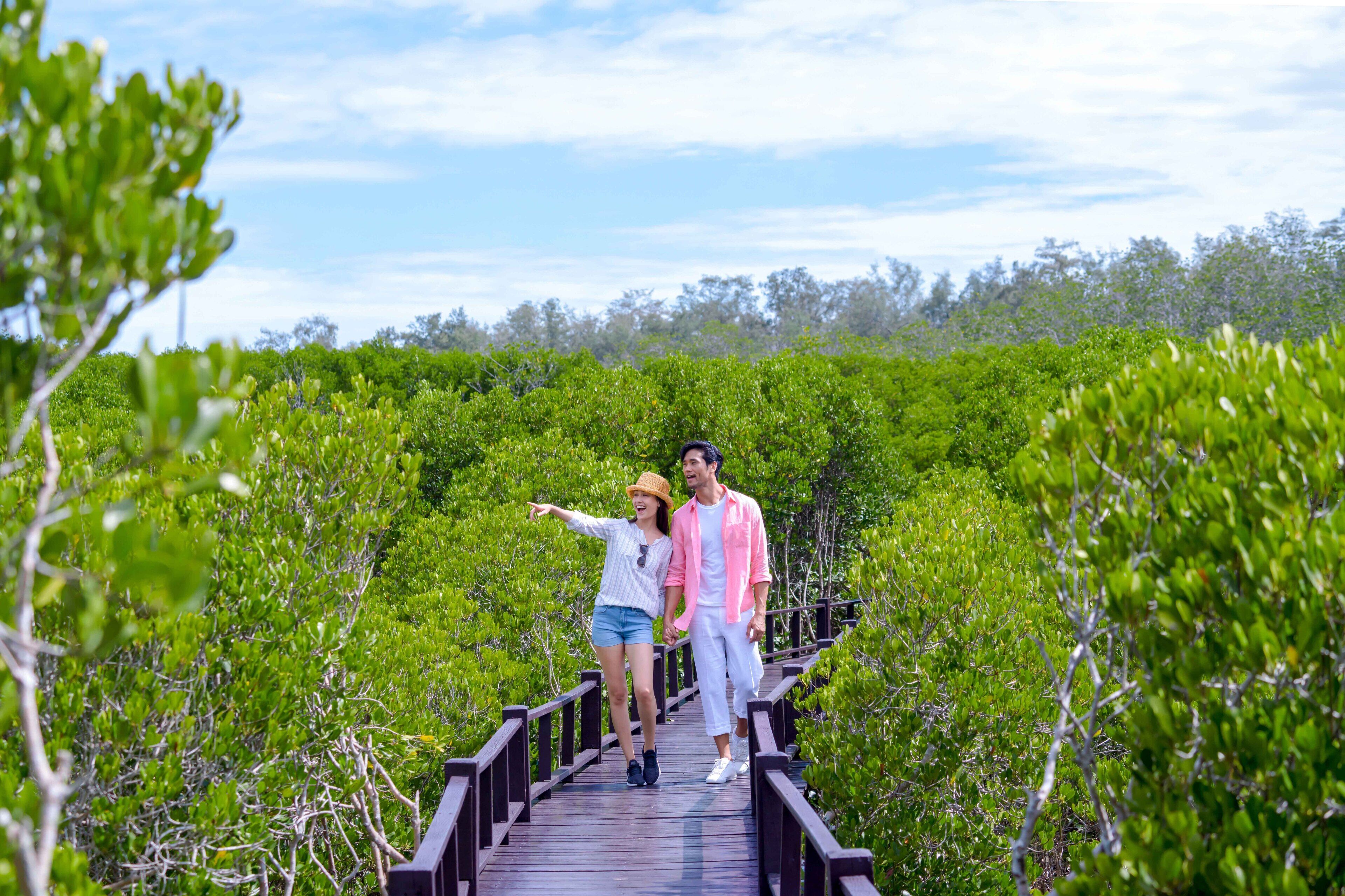 A couple walking on a wooden bridge surrounded by dense greenery.