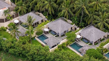 A resort with multiple bungalow-style accommodations, each with a private pool and surrounded by lush palm trees.