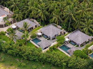 A resort with multiple bungalow-style accommodations, each with a private pool and surrounded by lush palm trees.