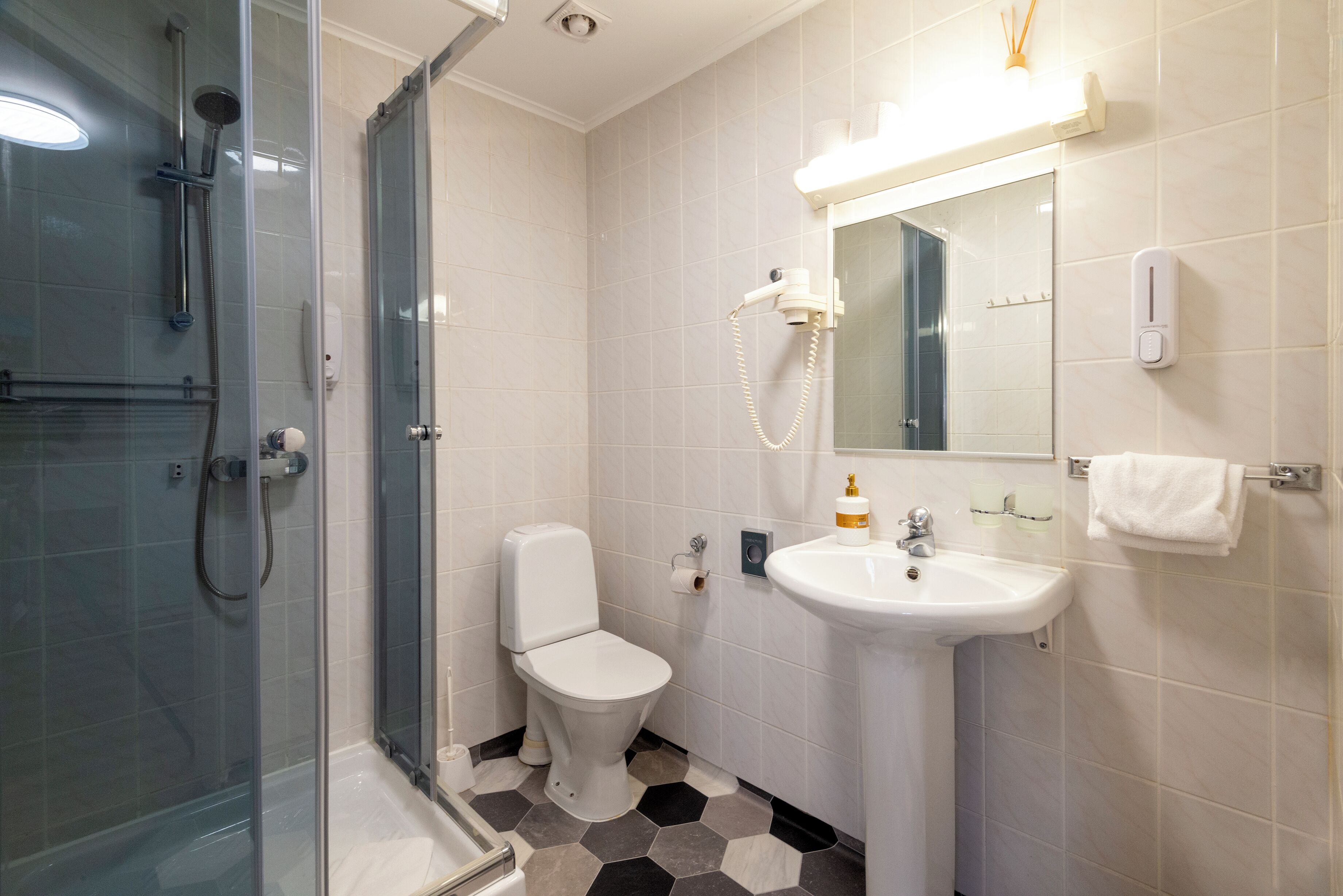 Une salle de bain avec une douche à parois de verre, des toilettes blanches, un lavabo et un miroir.