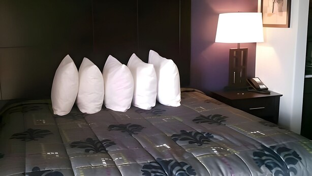 A hotel room with a bed, a nightstand with a lamp, and a framed picture on the wall.