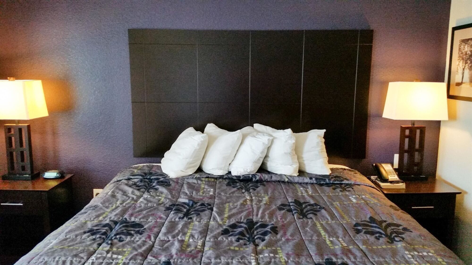 A neatly made bed with a patterned bedspread, a dark headboard, and two bedside lamps on either side.