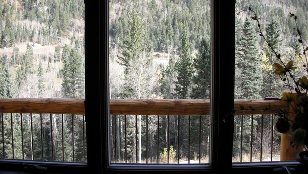 Una ventana con vista a una zona montañosa boscosa.