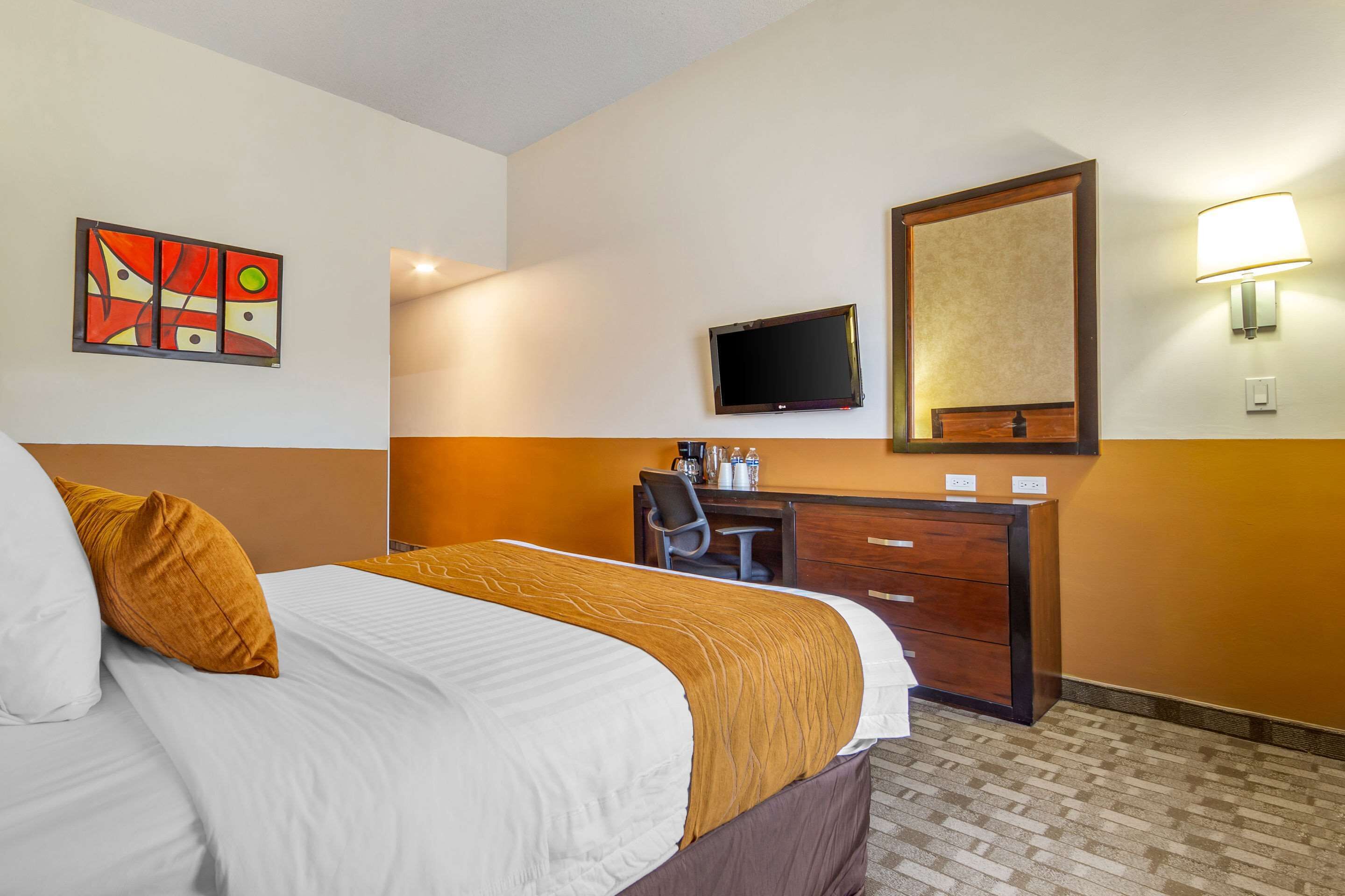 Una habitación de hotel con cama, escritorio, silla, televisor y espejo.