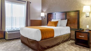 Une chambre d’hôtel avec un grand lit, une table de chevet avec une lampe et une fenêtre avec des rideaux.