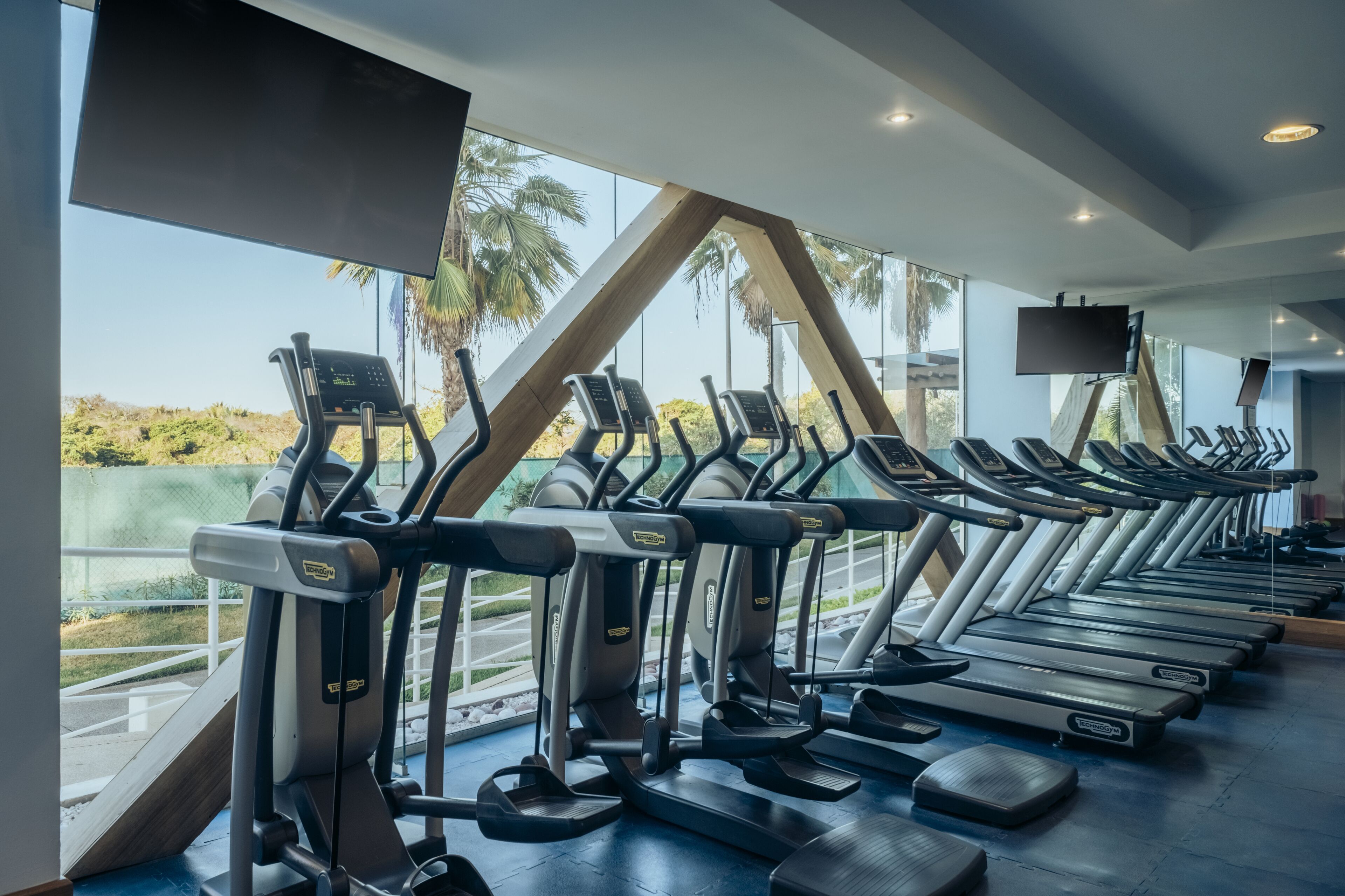 Un gimnasio con cintas de correr y máquinas elípticas, amplias ventanas que ofrecen vistas a palmeras y una carretera.