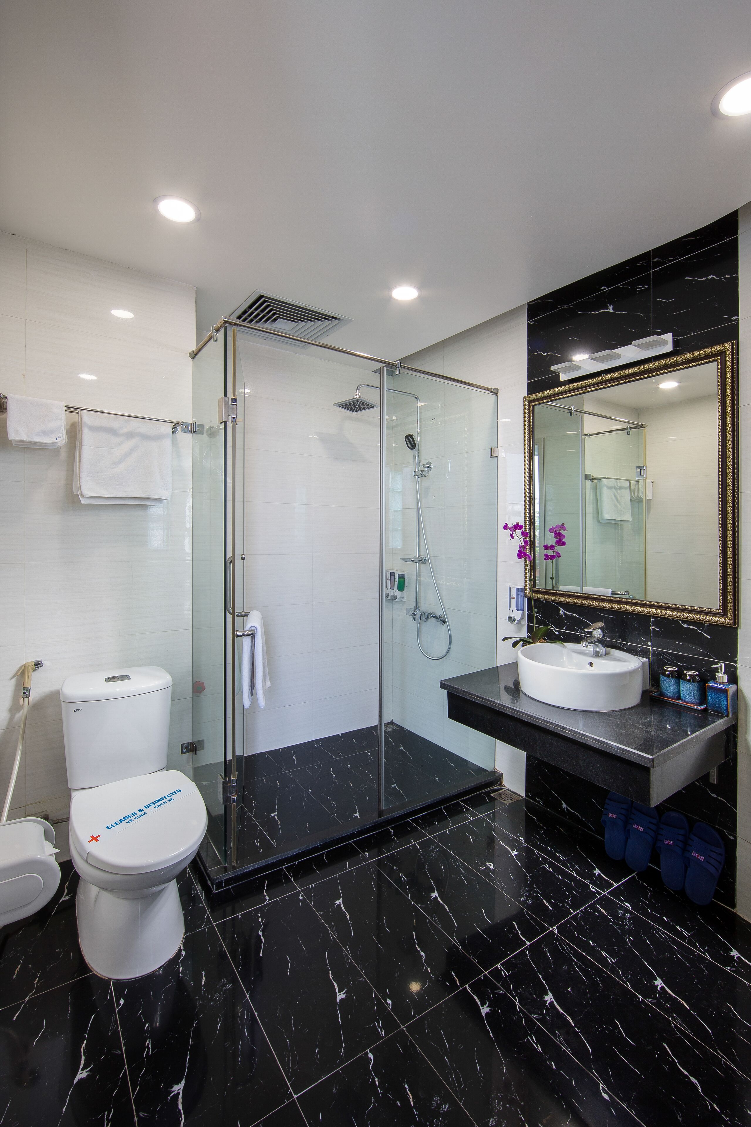 A modern bathroom with a glass-enclosed shower, a white toilet, a black marble floor, and a large mirror with a gold frame.