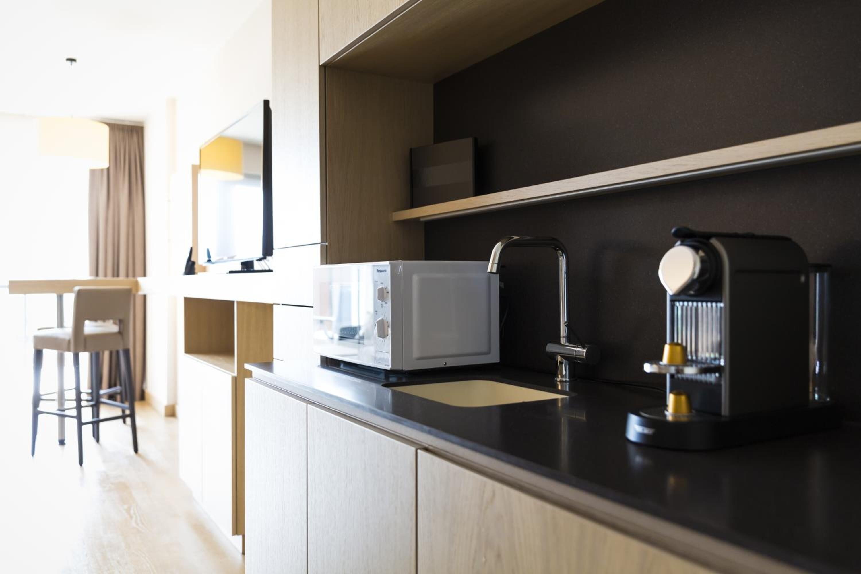 fridge, microwave, espresso maker, electric kettle