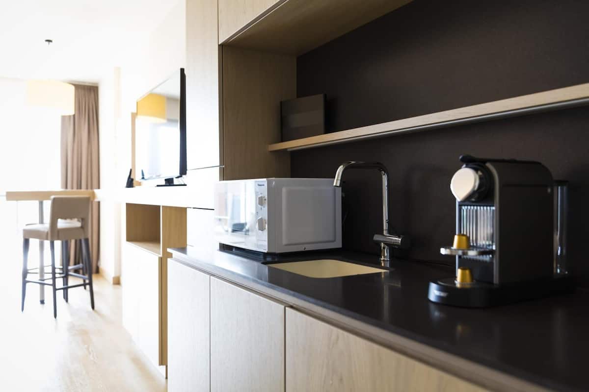 fridge, microwave, espresso maker, electric kettle