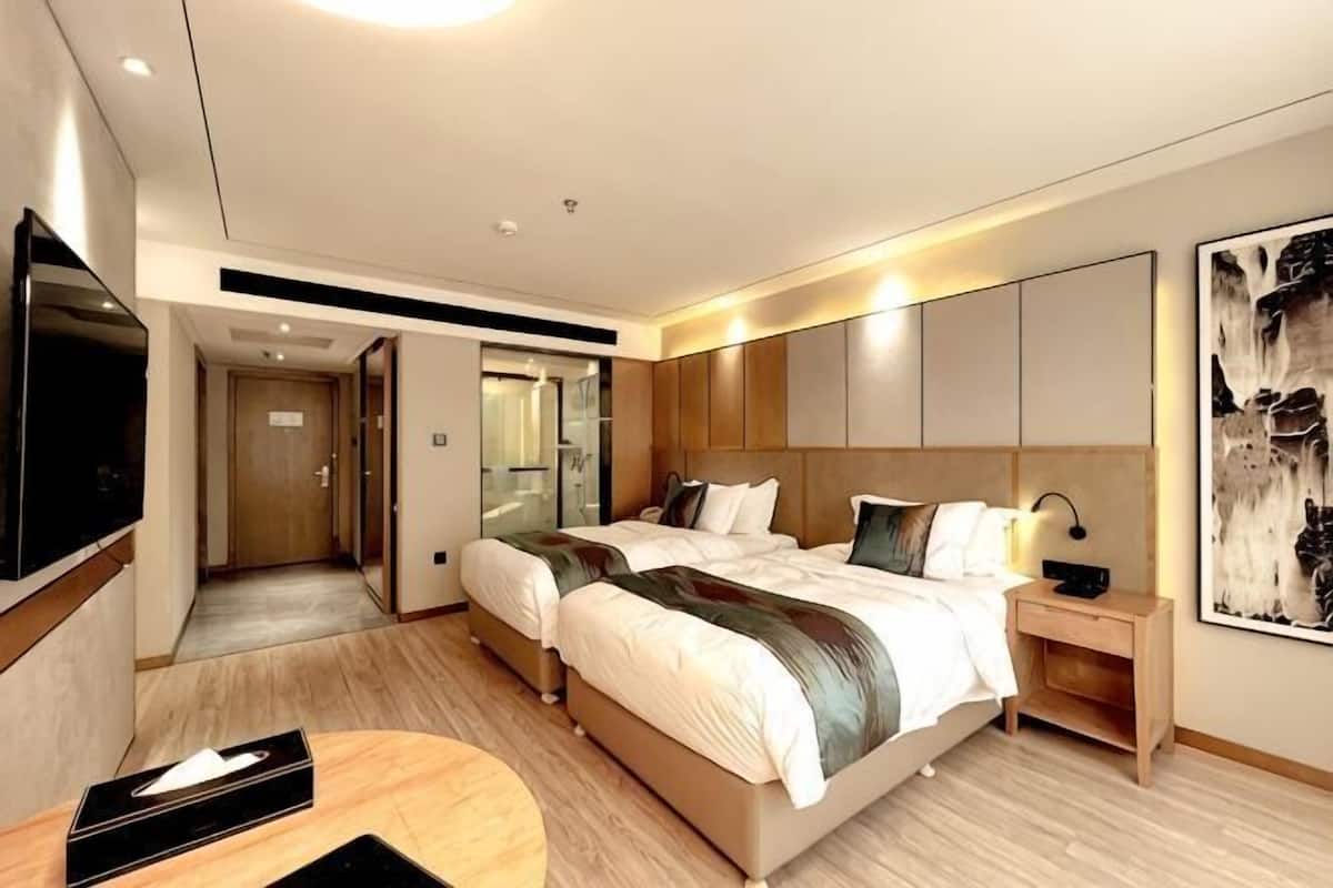 A modern hotel room with a large bed, bedside tables, a TV, and a mirror.