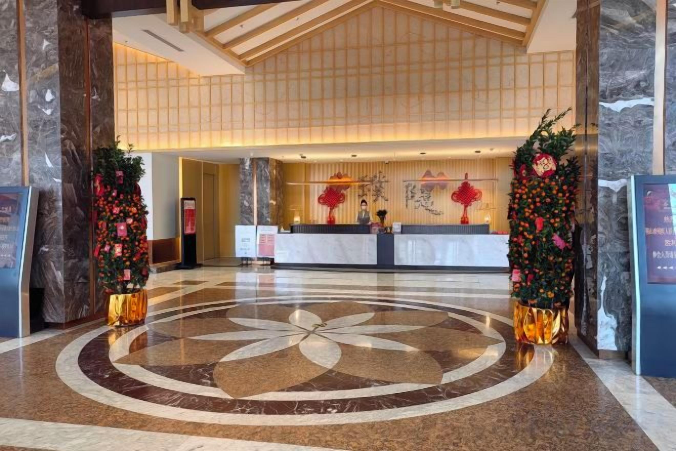 Un hall d’hôtel comprenant un comptoir d’accueil, un grand sol circulaire orné de motifs et deux grandes plantes décoratives.