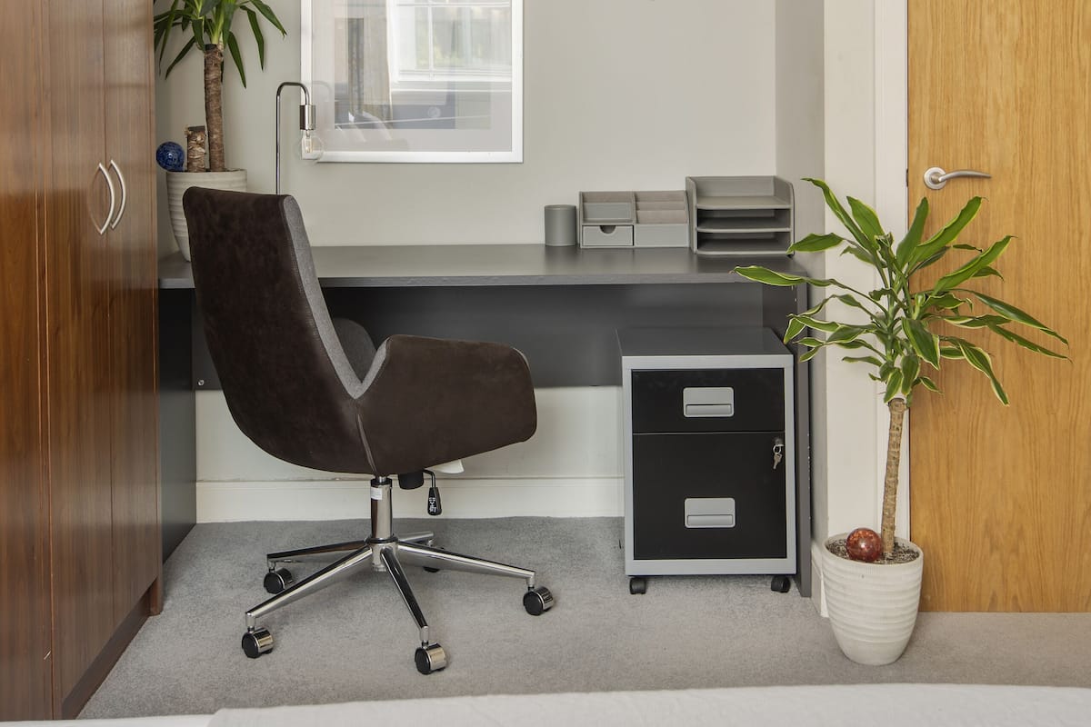 Ein moderner Büroraum mit Schreibtisch, Stuhl, Aktenschrank und Topfpflanzen.